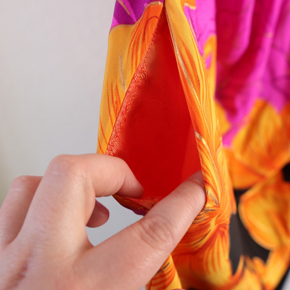 Vintage Handsewn Micronesian Dress Floral Orange Pink Square Neck Puff Sleeve - Picture 15 of 15